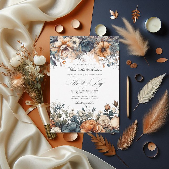 Hochzeit von Navy Blue, Burnt Orange und Champagne Einladung (Navy Blue, Burnt Orange and Champagne Wedding Invitation)