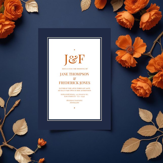 Hochzeit von Navy Blue, Burnt Orange und Champagne Einladung (Navy Blue, Burnt Orange and Champagne Wedding Invitation)