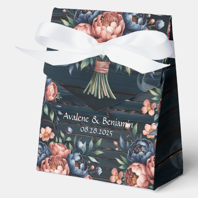 Hochzeit von Navy Blue & Copper Peony Wood Wedding Geschenkschachtel (Vorderseite)