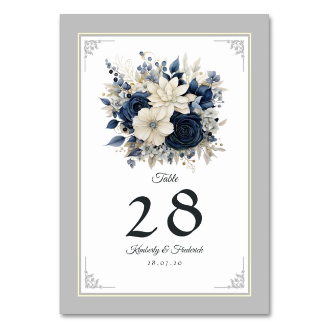 Hochzeit von Navy Blue, Cream und Silver Floral Tischnummer (Vorderseite)