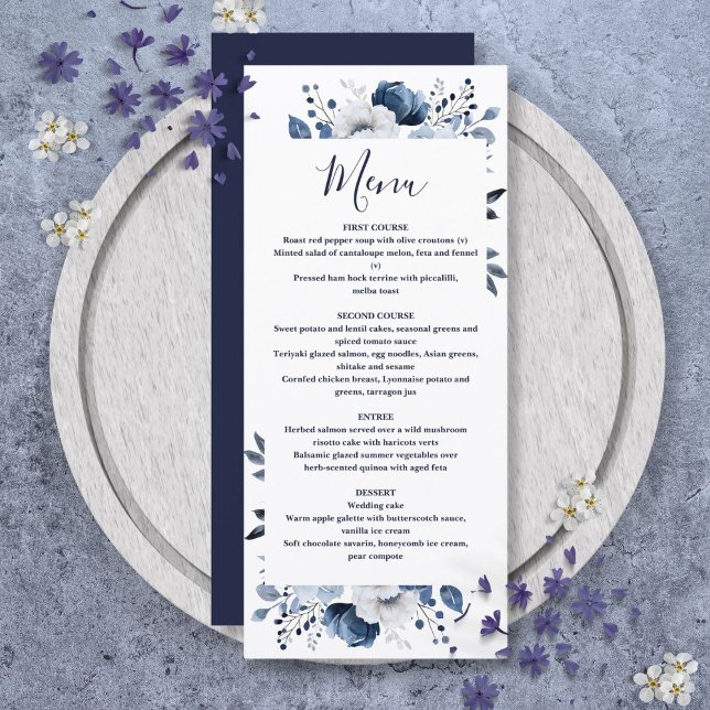 Hochzeit von Navy Blue EleganCountry Floral Menükarte (Navy Blue Elegant Country Floral Wedding Menu)