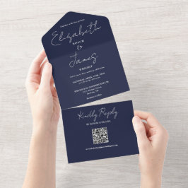 Hochzeit von Navy Blue Elegant Script QR Code All In One Einladung