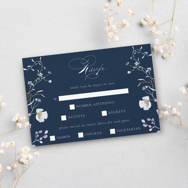 Hochzeit von Navy Blue Elegant Winter Wildblumen RSVP Karte (Von Creator hochgeladen)