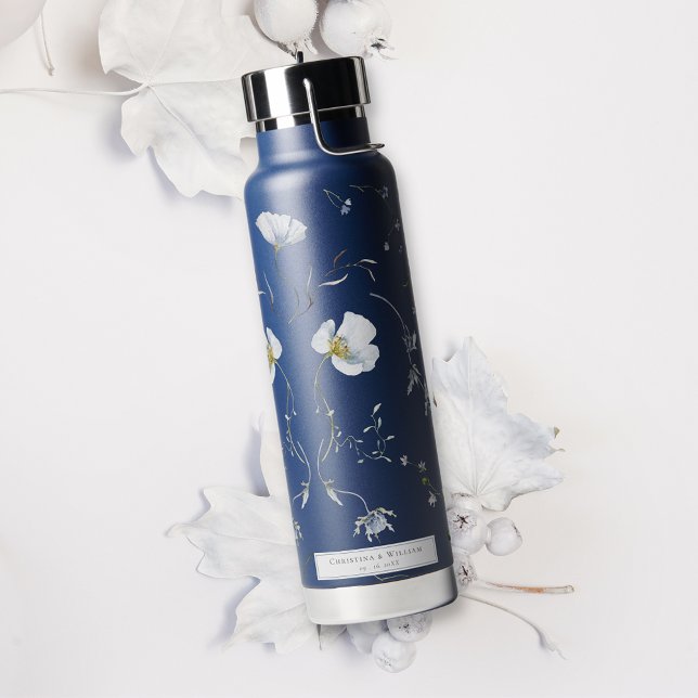 Hochzeit von Navy Blue Elegant Winter Wildblumen Trinkflasche (Von Creator hochgeladen)