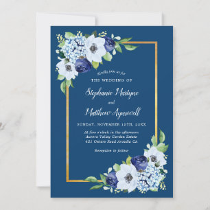 Hochzeit von Navy Blue Floral Gold Border Watercol Einladung