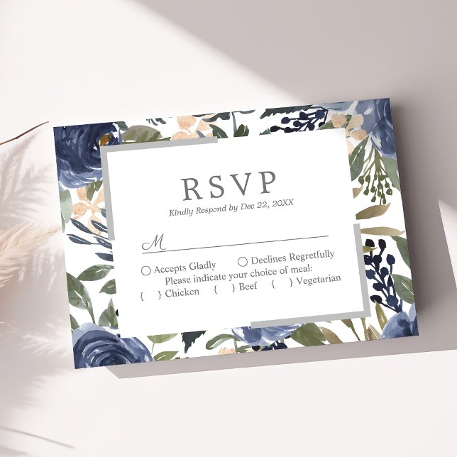 Hochzeit von Navy Blue Floral Pattern RSVP Karte (Von Creator hochgeladen)