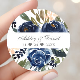 Hochzeit von Navy Blue Floral Pattern Runder Aufkleber