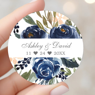 Hochzeit von Navy Blue Floral Pattern Runder Aufkleber