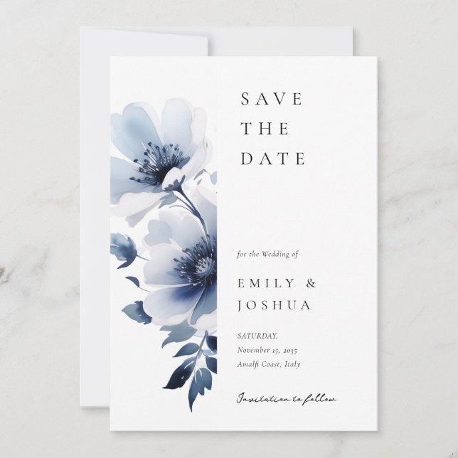 Hochzeit von Navy Blue Floral Save The Date (Vorderseite)