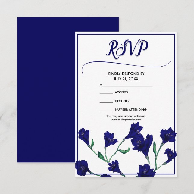 Hochzeit von Navy Blue Floral Water RSVP Karte (Vorne/Hinten)