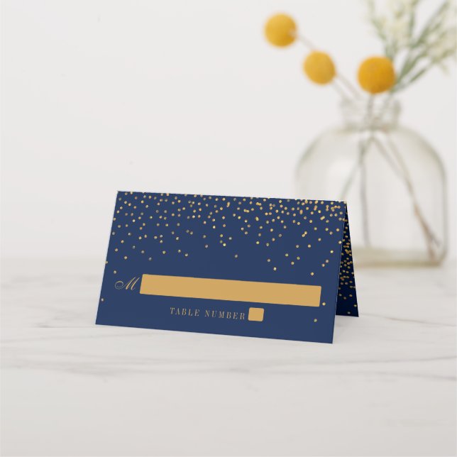 Hochzeit von Navy Blue & Glam Gold Confetti Platzkarte (Vorderseite)
