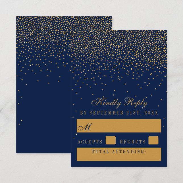 Hochzeit von Navy Blue & Glam Gold Confetti RSVP Karte (Vorne/Hinten)