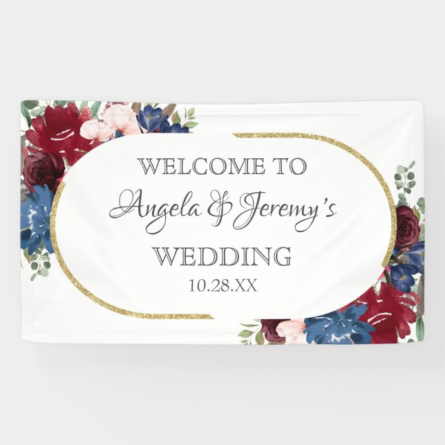 Hochzeit von Navy Blue Gold Burgundy Red Blush Banner (Horizontal)
