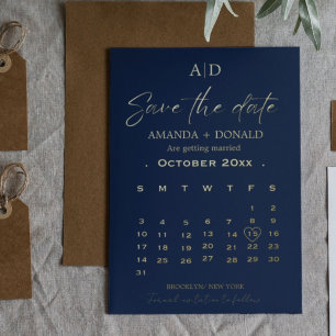 Hochzeit von Navy Blue & Gold Calendar Speichern S Folieneinladung