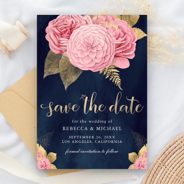 Hochzeit von Navy Blue Gold Dusty Pink Floral Save The Date (Von Creator hochgeladen)