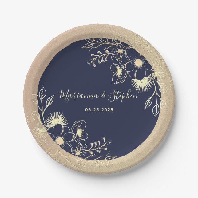 Hochzeit von Navy Blue Gold Floral Pappteller (Vorderseite)