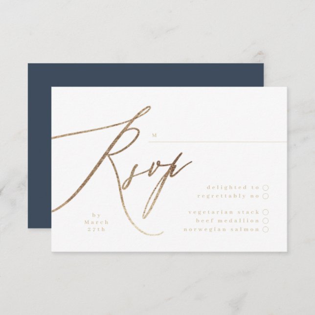 Hochzeit von Navy Blue & Gold Foil Calligraphy RSVP Karte (Vorne/Hinten)