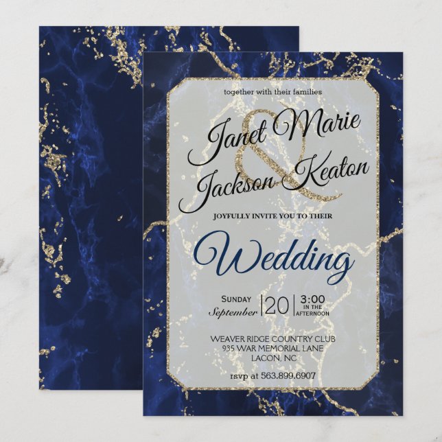 Hochzeit von Navy Blue Gold Glitzer Einladung (Vorne/Hinten)