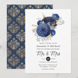 Hochzeit von Navy Blue, Gold und Silver Floral Einladung