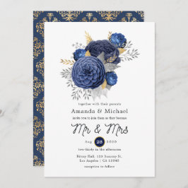 Hochzeit von Navy Blue, Gold und Silver Floral Einladung