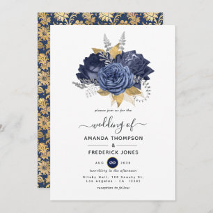 Hochzeit von Navy Blue, Gold und Silver Floral Einladung