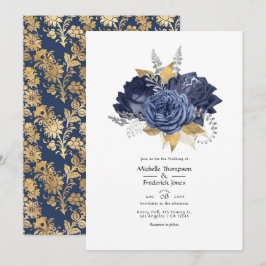 Hochzeit von Navy Blue, Gold und Silver Floral Einladung
