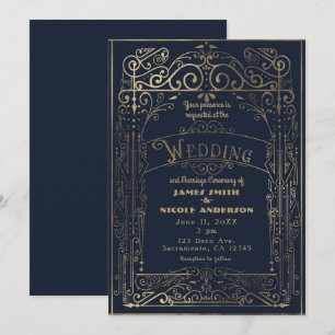 Hochzeit von Navy Blue & Gold Vintager Viktorianis Einladung