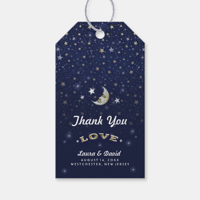 Hochzeit von Navy Blue Gold & White Moon & Stars Geschenkanhänger (Vorderseite)