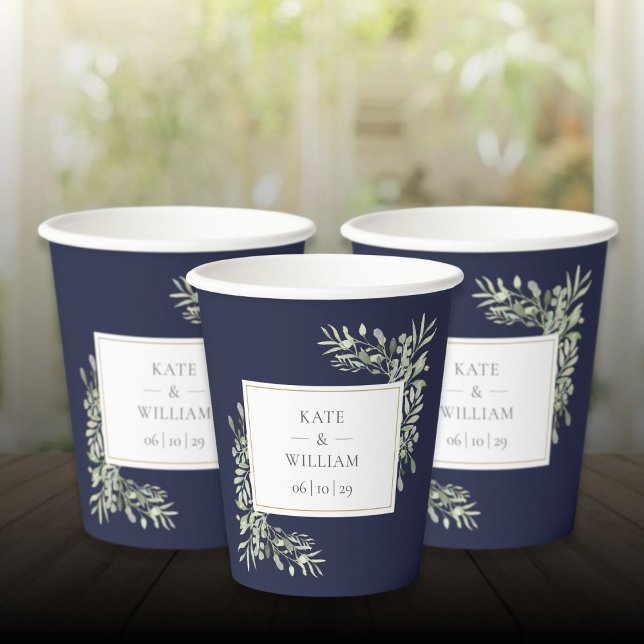 Hochzeit von Navy Blue Greenerity Foliage Pappbecher (Navy Blue Greenery Foliage Wedding Paper Cups)
