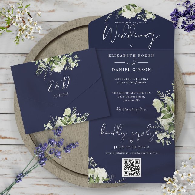 Hochzeit von Navy Blue Greenery QR Code Monogram All In One Einladung (Von Creator hochgeladen)