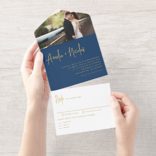 Hochzeit von Navy Blue Handwriting Typografy Foto All-in-One-Einladung