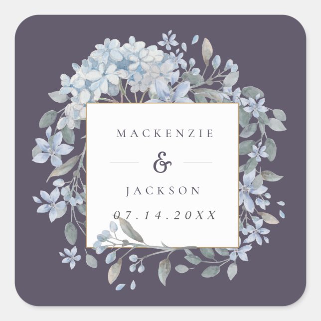 Hochzeit von Navy & Blue Hydrangeas Rahmen Quadratischer Aufkleber (Vorderseite)