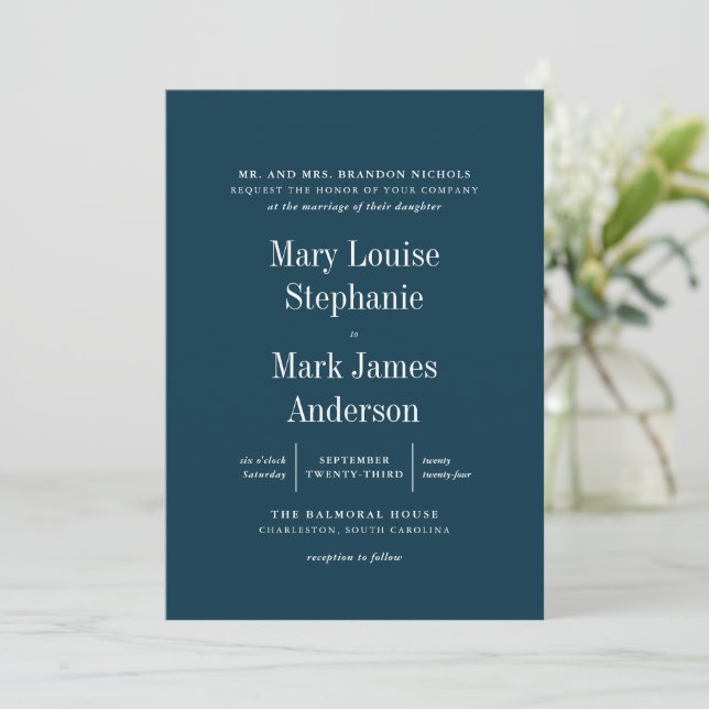 Hochzeit von Navy Blue mit ausgefeilter Typografie Einladung (Stehend Vorderseite)