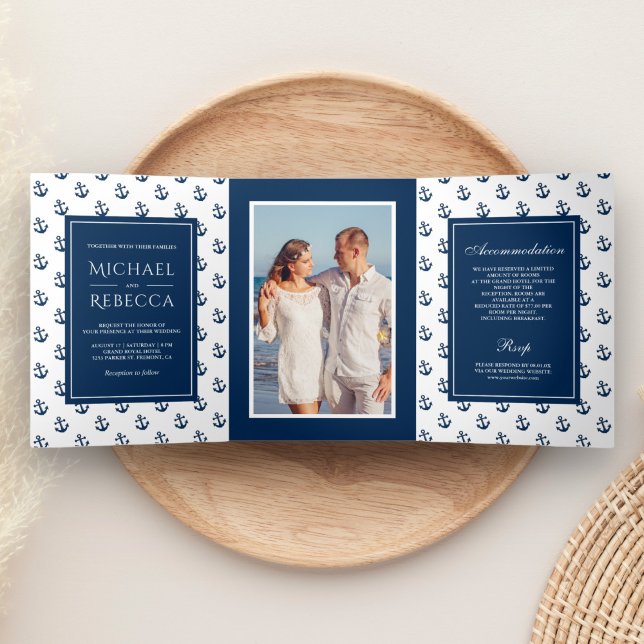 Hochzeit von Navy Blue Nautical Anchors Foto Dreifach Gefaltete Einladung (Von Creator hochgeladen)