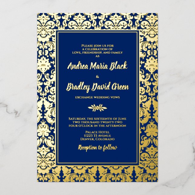 Hochzeit von Navy Blue Real Gold Foil Damask Folieneinladung (Vorderseite)