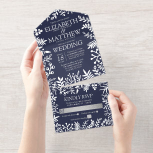 Hochzeit von Navy Blue & Real Silver Foil Floral All-in-One-Einladung