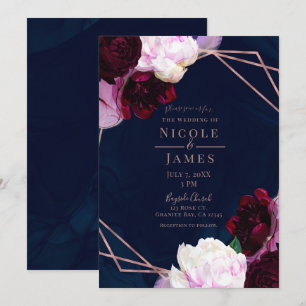 Hochzeit von Navy Blue Rose Gold Floral Modern Gla Einladung