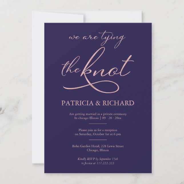 Hochzeit von Navy Blue Rose Gold Foil Script Einladung (Vorderseite)