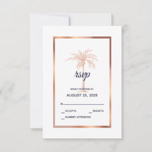 Hochzeit von Navy Blue Rose Gold Kupfer Palm Tree RSVP Karte