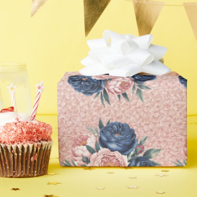 Hochzeit von Navy Blue Rose und Rose Gold Peony Geschenkpapier (Geburtstagsparty)