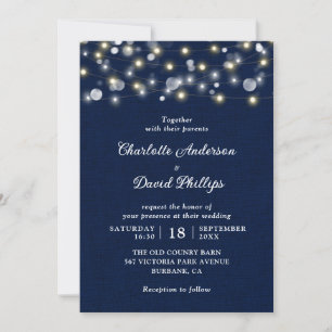 Hochzeit von Navy Blue Rustic String Lights Einladung