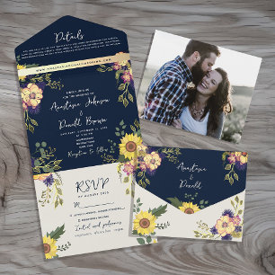 Hochzeit von Navy Blue Rustic Sunflower All In One Einladung