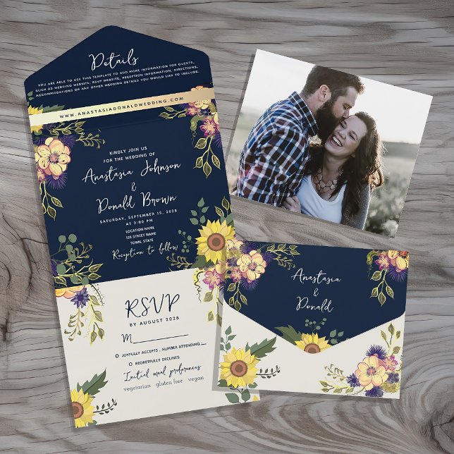 Hochzeit von Navy Blue Rustic Sunflower All In One Einladung (Von Creator hochgeladen)