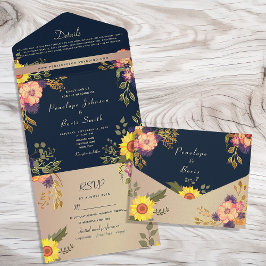 Hochzeit von Navy Blue Rustic Sunflower All In One Einladung