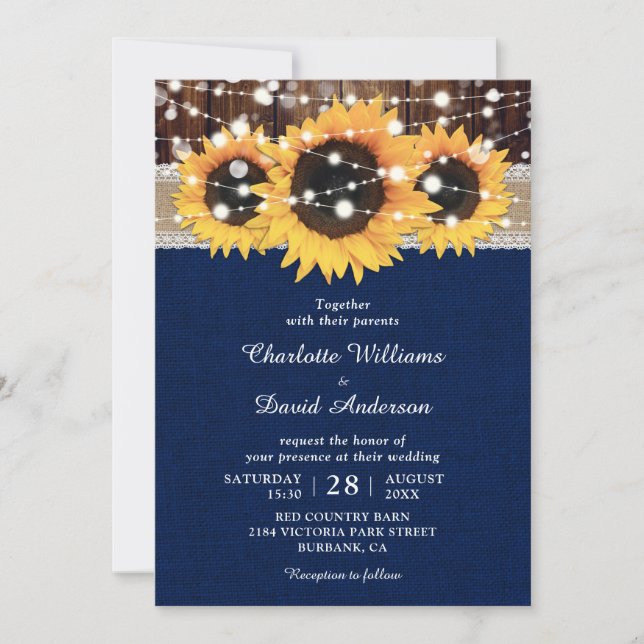 Hochzeit von Navy Blue Rustic Sunflower Einladung (Vorderseite)