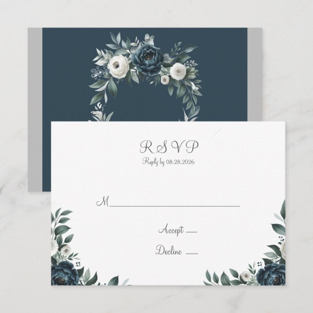 Hochzeit von Navy Blue & Silver Floral RSVP Karte (Vorne/Hinten)