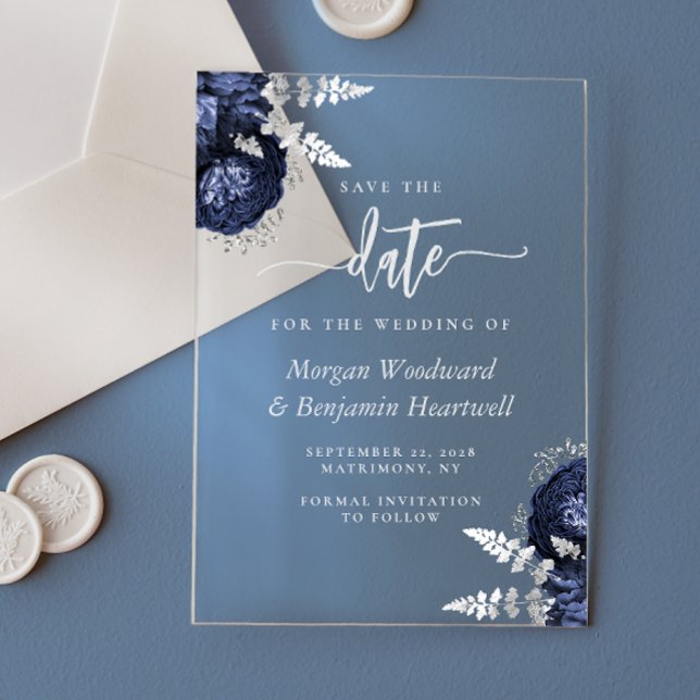Hochzeit von Navy Blue Silver Floral Save the Date Acryleinladungen (Von Creator hochgeladen)