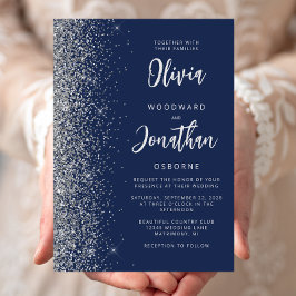 Hochzeit von Navy Blue Silver Glitzer Calligraphy Einladung