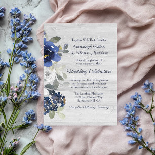 Hochzeit von Navy Blue Silver Gray Watercolor Flor Einladung