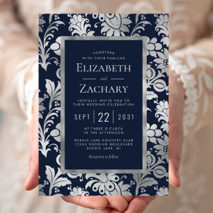 Hochzeit von Navy Blue Silver Vintag Floral Patter Einladung